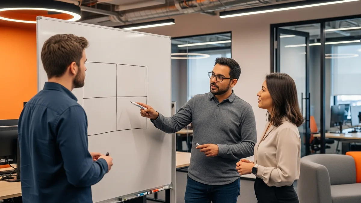 An engineering leader and two software engineers at a whiteboard mapping decisions onto a hand-drawn grid of empty boxes