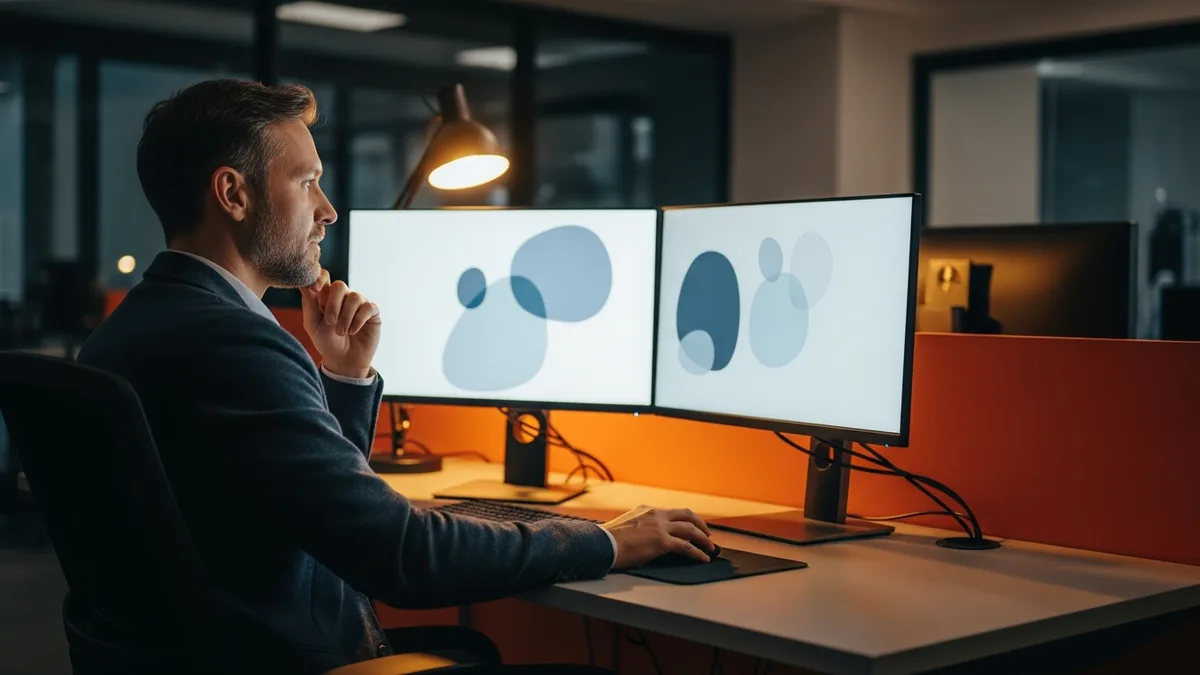 A senior software engineer making a decision confidently at a dual-monitor workstation without waiting for approval
