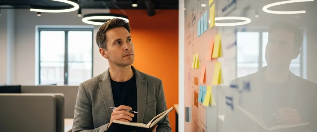 Newly hired engineering leader planning their first 90 days at a whiteboard in a modern office