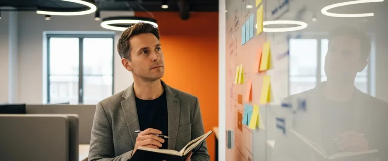 Newly hired engineering leader planning their first 90 days at a whiteboard in a modern office