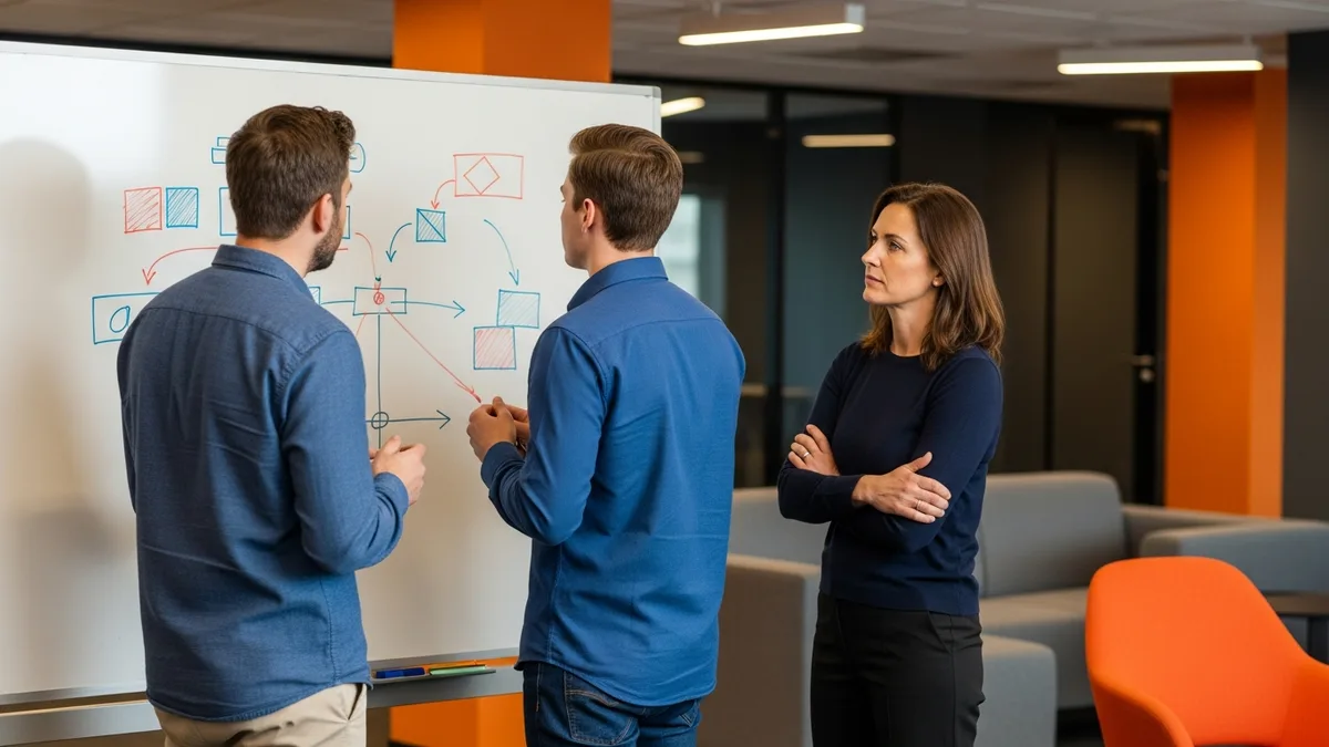 Engineering leader listening from the side while an engineer presents at the whiteboard rather than giving the answer