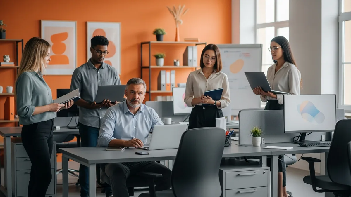 Engineering manager at a desk surrounded by colleagues holding laptops and waiting for a decision, the approval bottleneck in action