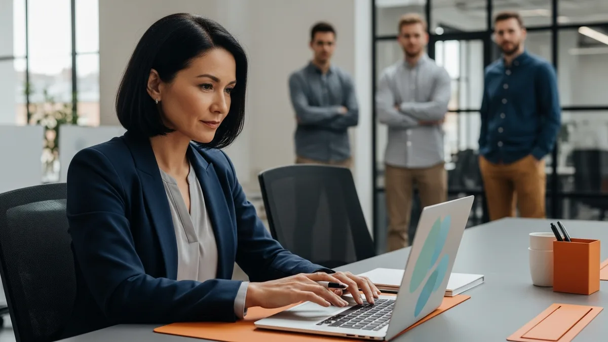 Engineering manager reviewing work on a laptop while three engineers wait with arms crossed, showing the approval bottleneck