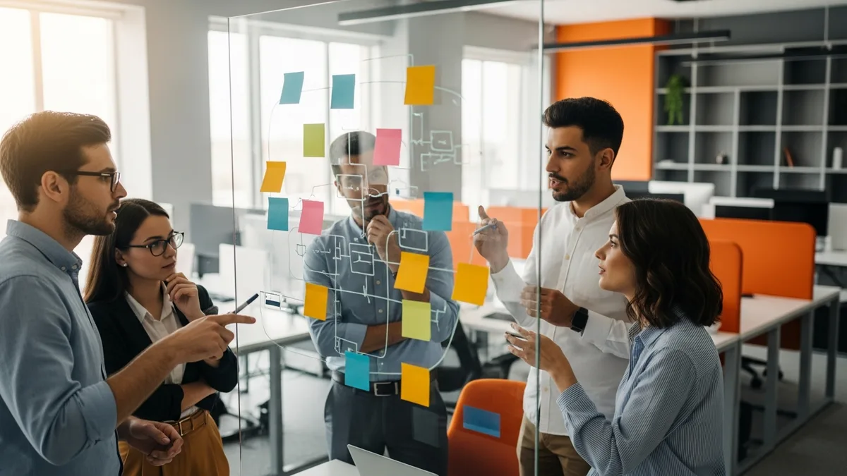 Self-directed software engineering team making a decision together at a sticky-note board without a manager present