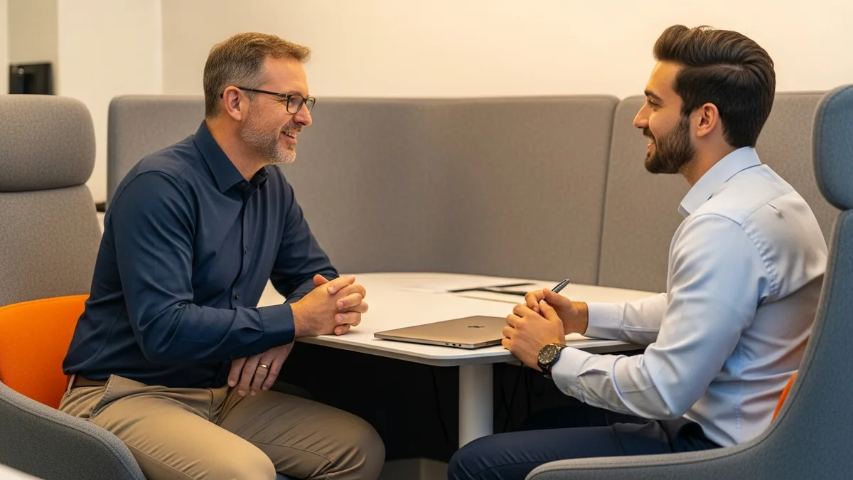 Engineering manager coaching a younger engineer in a one on one with the laptop closed