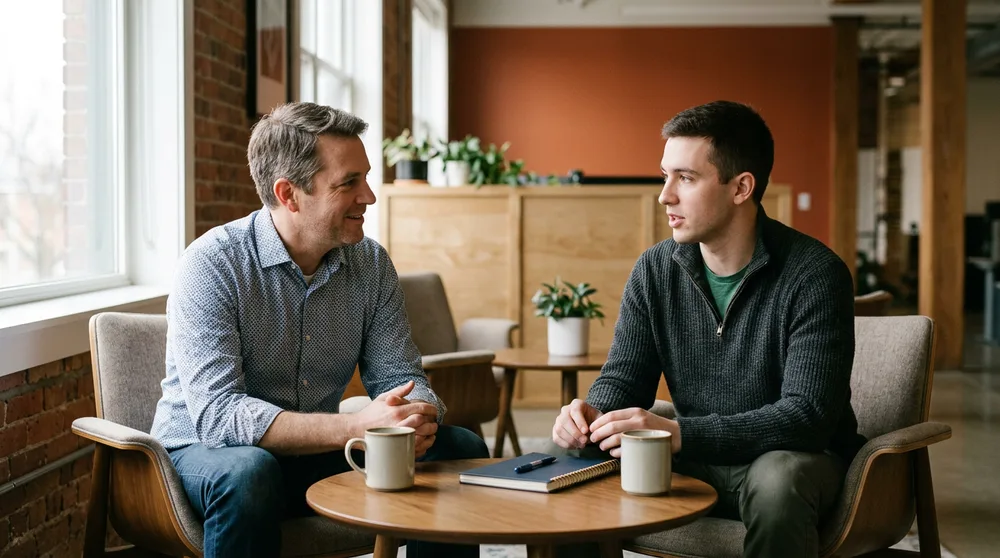 Engineering manager coaching a software engineer during a one-on-one conversation