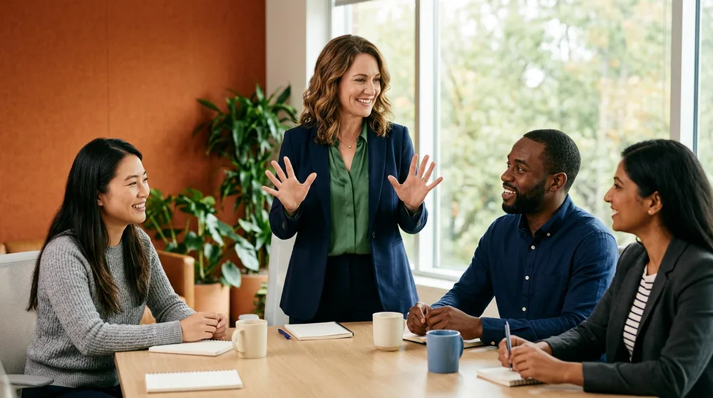 Engineering manager and their team collaborating around a table during a planning session