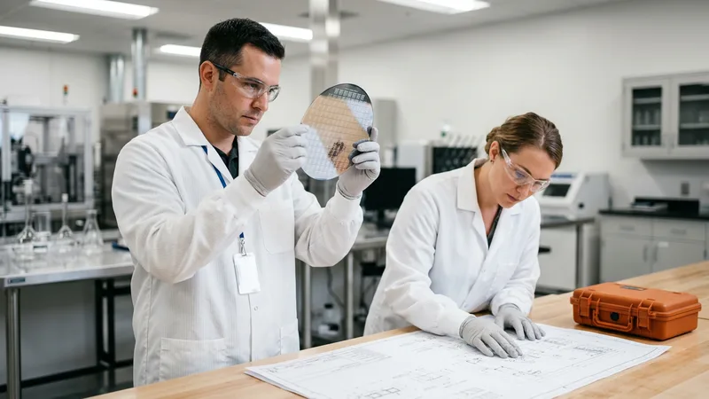 A hardware engineer holding a silicon wafer while a mechanical engineer reviews a CAD model at an Austin engineering lab workbench