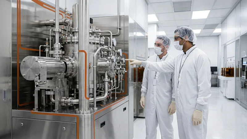 Two manufacturing engineers in cleanroom gowns inspecting equipment on an Austin-area semiconductor production floor