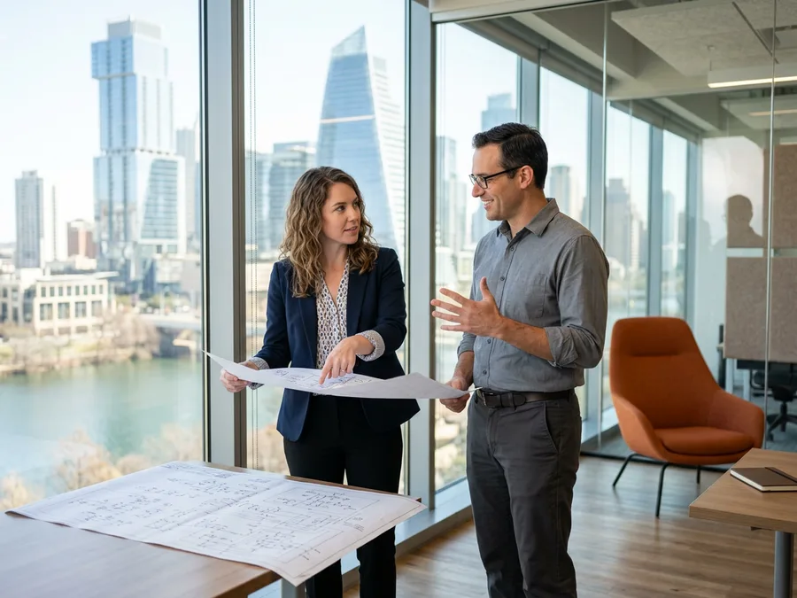 Two engineers reviewing a hardware schematic at an Austin engineering staffing agency with the downtown Austin skyline visible through the windows