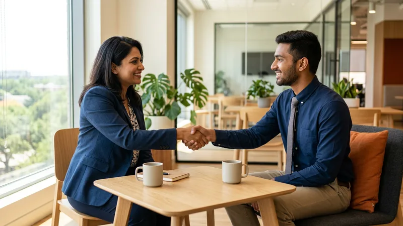 A KORE1 engineering recruiter shaking hands with an engineering candidate in a bright Austin office
