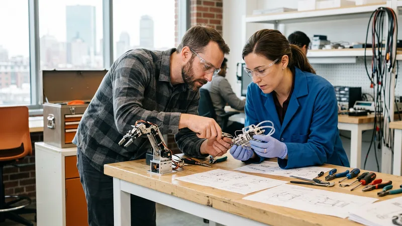A biomedical engineer and a robotics engineer inspecting a medical device prototype and a robotic arm on a workbench in a bright Boston hardware lab