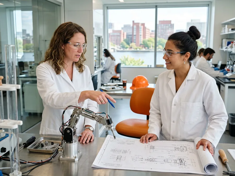 Two engineers in a Boston life-science research lab examining a robotic instrument arm, with red-brick Cambridge research buildings and the Charles River visible through the windows