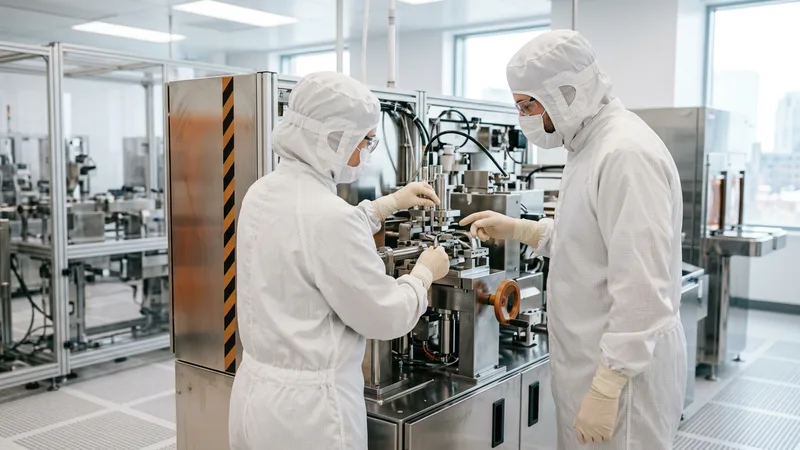 Two engineers in cleanroom bunny suits inspecting semiconductor and medical-device production equipment in a Boston-area advanced manufacturing facility