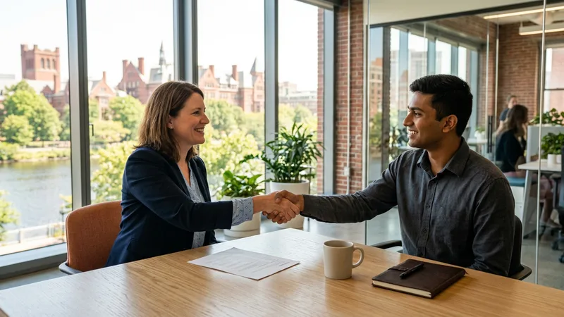 A KORE1 engineering recruiter shaking hands with an engineering candidate in a bright Boston office with red-brick research buildings behind them