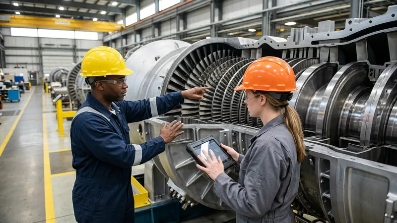 Two power engineers in hard hats inspecting the compressor blades of a large industrial gas turbine on a Charlotte-area energy plant floor