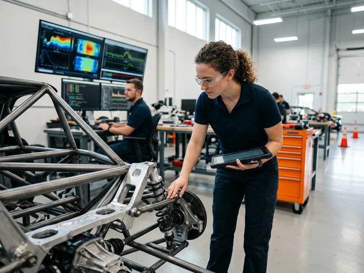 Motorsports engineer inspecting the exposed tubular chassis and suspension of a stock car in a Charlotte high-performance race shop, telemetry monitors behind her