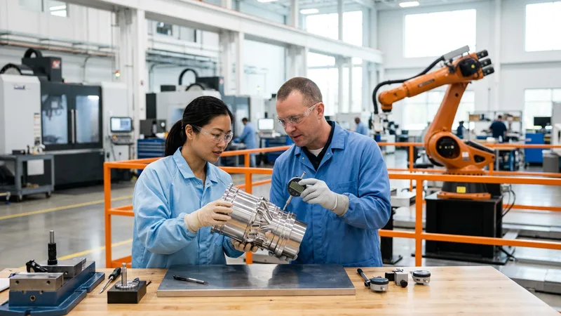 Two aerospace manufacturing engineers examining a precision machined jet-engine component near a robotic arm in a Charlotte advanced-manufacturing facility