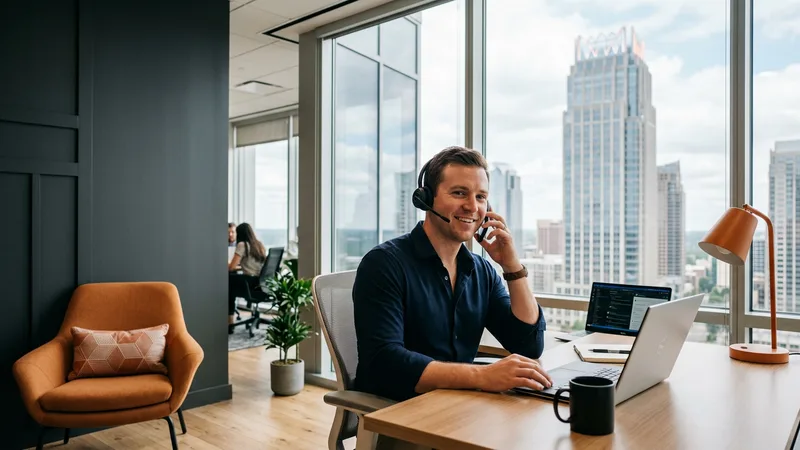 KORE1 engineering recruiter on a headset at a Charlotte office desk with the uptown Charlotte skyline and its crown-topped tower visible through the window