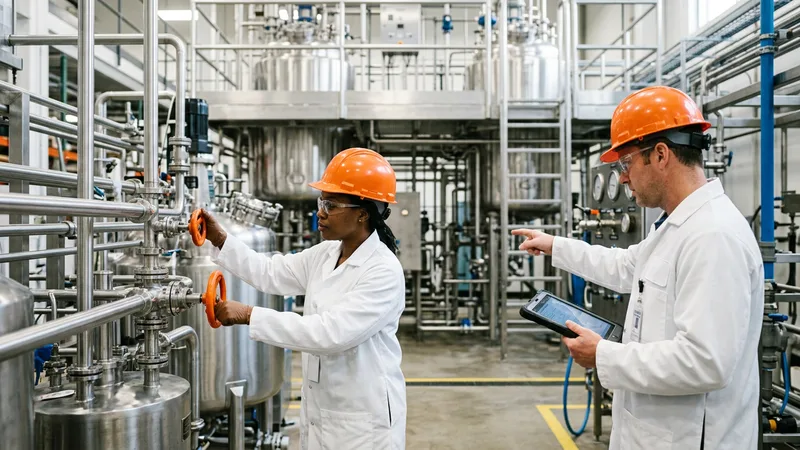 Two process engineers in hard hats inspecting stainless-steel reactor tanks and piping at a Cincinnati chemical and consumer-products process plant
