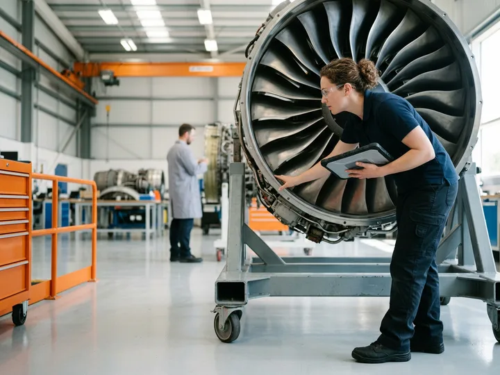 Propulsion engineer inspecting the titanium fan blades of a commercial turbofan jet engine on a maintenance stand in a Cincinnati aerospace facility