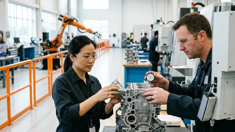 Two manufacturing engineers measuring a precision machined engine block with a dial gauge at a CNC machining center in an advanced-manufacturing plant near Cincinnati