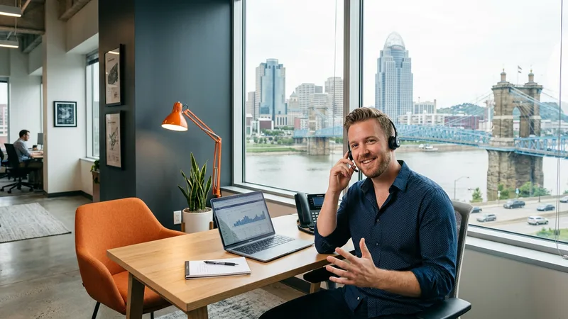 KORE1 engineering recruiter on a headset at a Cincinnati office desk with the downtown skyline, tiara-topped tower, and blue Roebling Suspension Bridge over the Ohio River behind him