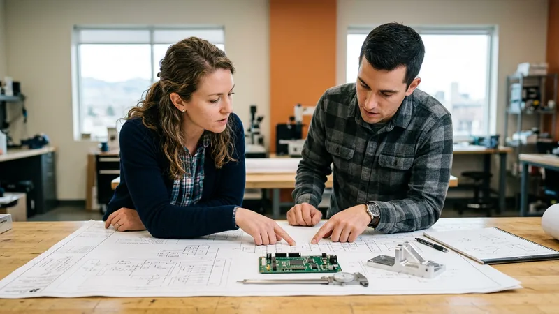 A mechanical engineer and an electrical engineer reviewing a blueprint and a green circuit board at a Denver engineering lab workbench
