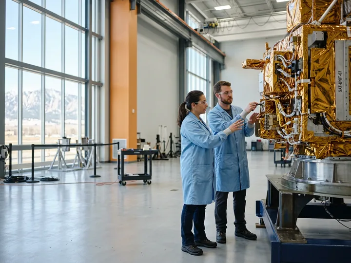 Two aerospace engineers in static-control coats inspecting a gold-foil satellite at a Denver engineering staffing facility with the Front Range visible through the windows
