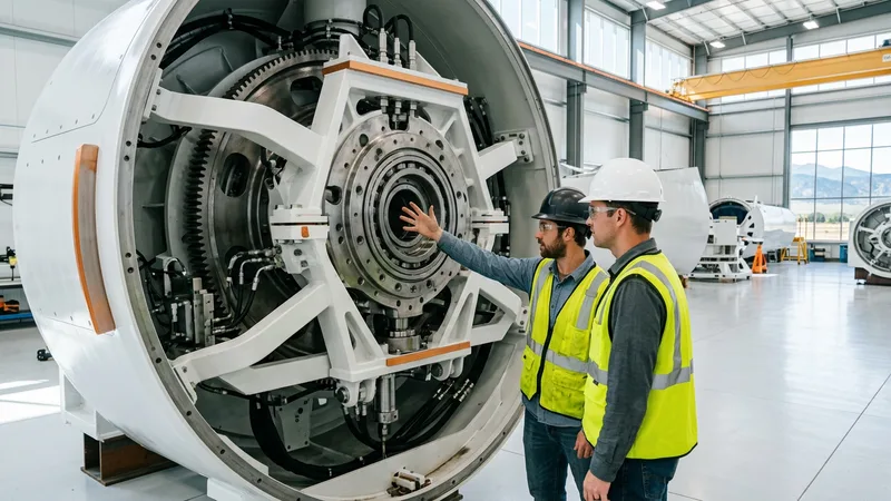 Two engineers in hard hats and safety vests inspecting a wind turbine nacelle hub at a Colorado renewable energy manufacturing facility