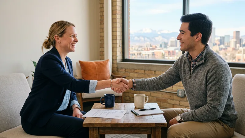 A KORE1 engineering recruiter shaking hands with an engineering candidate in a bright Denver office with the Rocky Mountains and downtown skyline behind them
