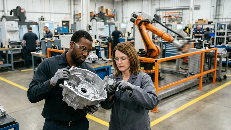 Two manufacturing engineers in safety glasses and gloves measuring a precision-machined aluminum transmission housing with a dial caliper at a metro Detroit machining and assembly plant