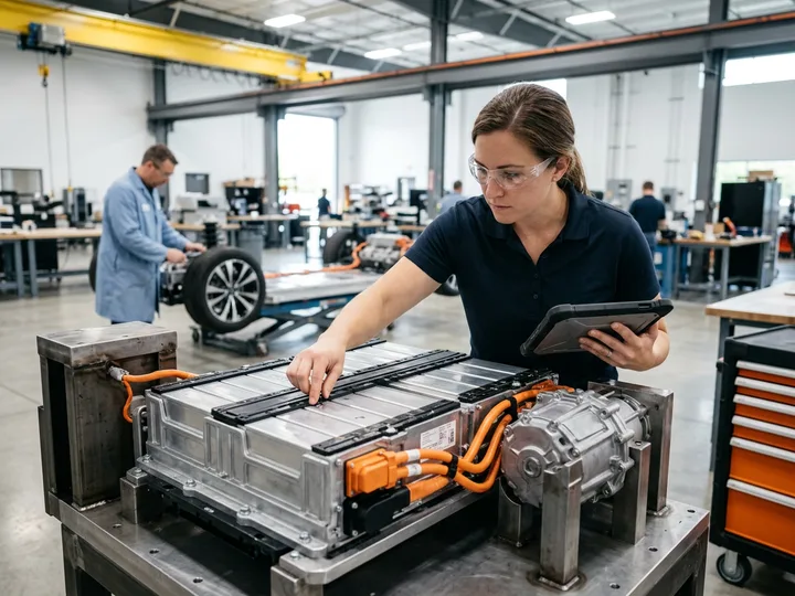 Automotive powertrain engineer in safety glasses inspecting an electric-vehicle battery module and drive unit on an assembly fixture at a metro Detroit vehicle development center