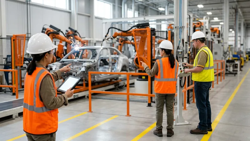 Two process and manufacturing engineers in hard hats and safety vests inspecting a robotic welding cell and orange-guarded assembly line at a metro Detroit automotive plant