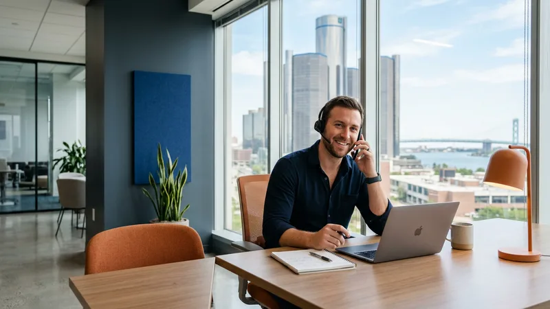 KORE1 engineering recruiter wearing a headset at a Detroit office desk with the downtown skyline, the Renaissance Center, and the Detroit River behind him