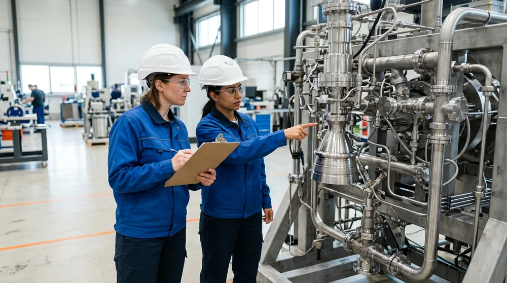 Two engineers in hard hats inspecting propulsion test equipment on a Huntsville aerospace production floor