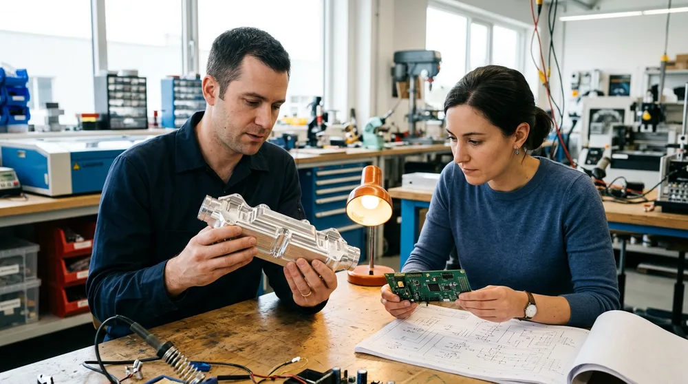 A mechanical engineer holding a machined aerospace component while an electrical engineer reviews a schematic at a Huntsville engineering workbench