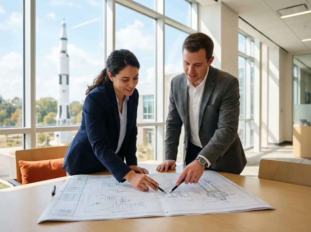 Two engineers reviewing aerospace hardware drawings at a Huntsville engineering staffing agency with a rocket on display through the window