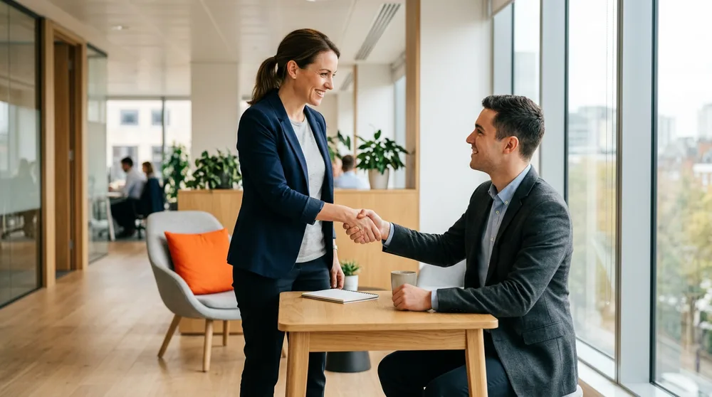 A KORE1 engineering recruiter shaking hands with an engineering candidate in a bright Huntsville office