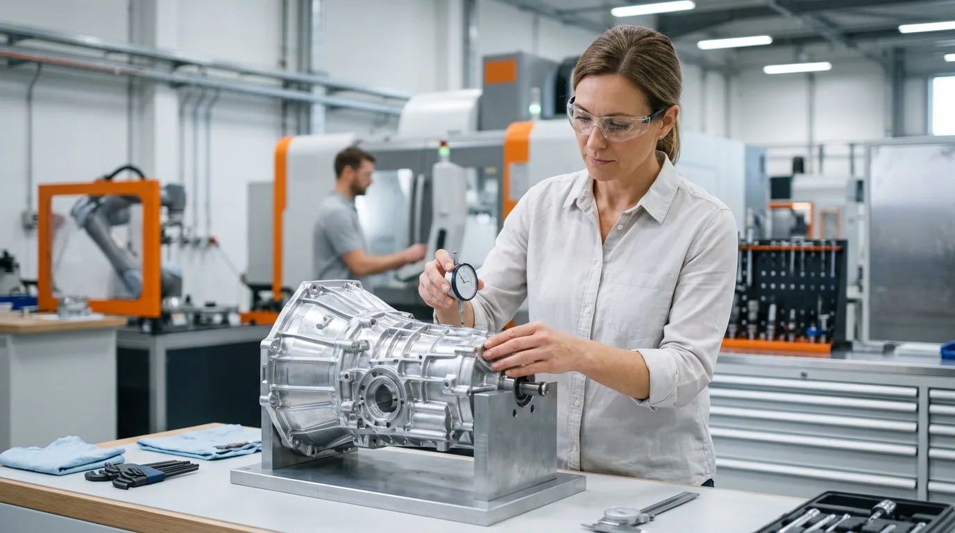 Mechanical and manufacturing engineers in safety glasses inspecting a precision transmission housing with a dial gauge on an Indianapolis advanced-manufacturing floor