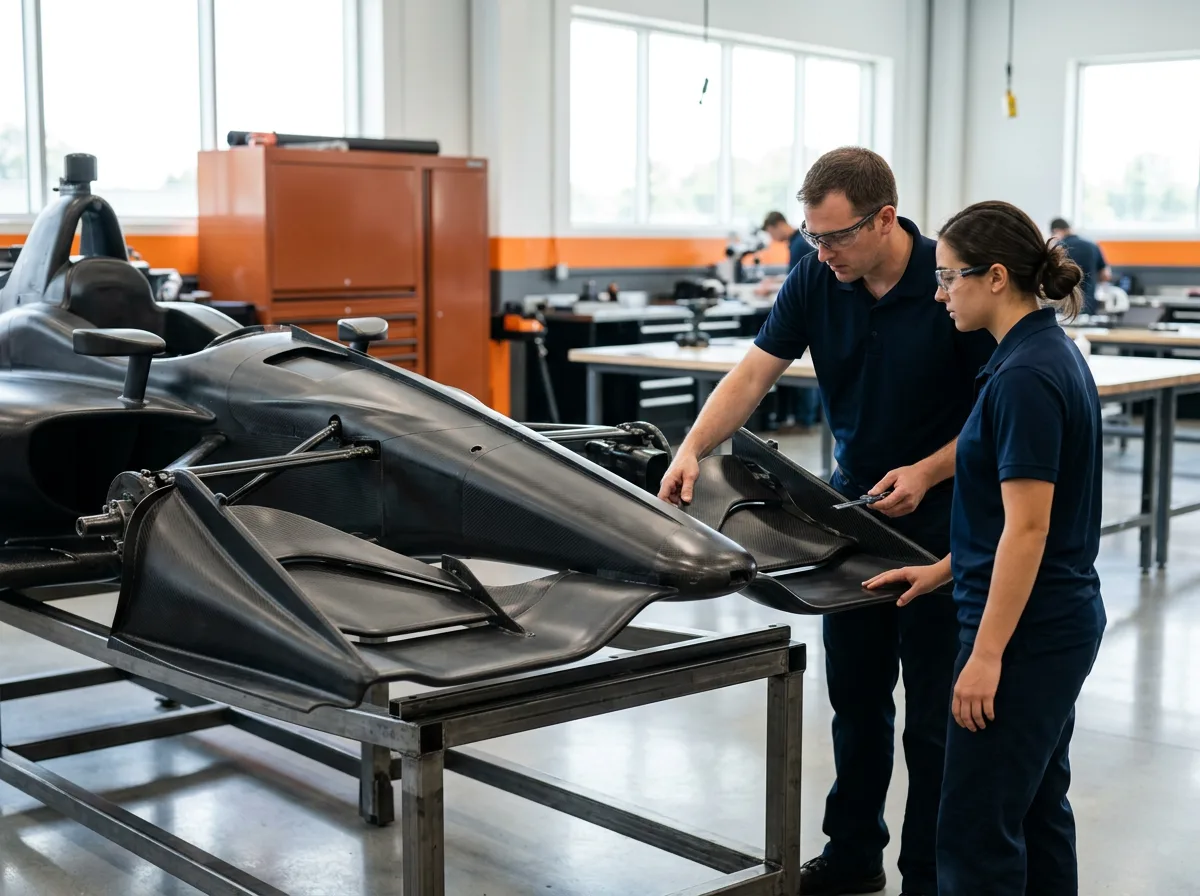 Two motorsports engineers in an Indianapolis race-engineering shop inspecting a carbon-fiber IndyCar chassis and front wing on a work stand
