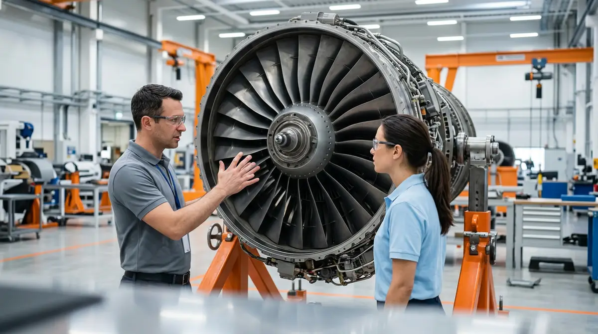 Two aerospace engineers in a bright Indianapolis facility inspecting a jet-engine turbine module and its blades on an assembly stand