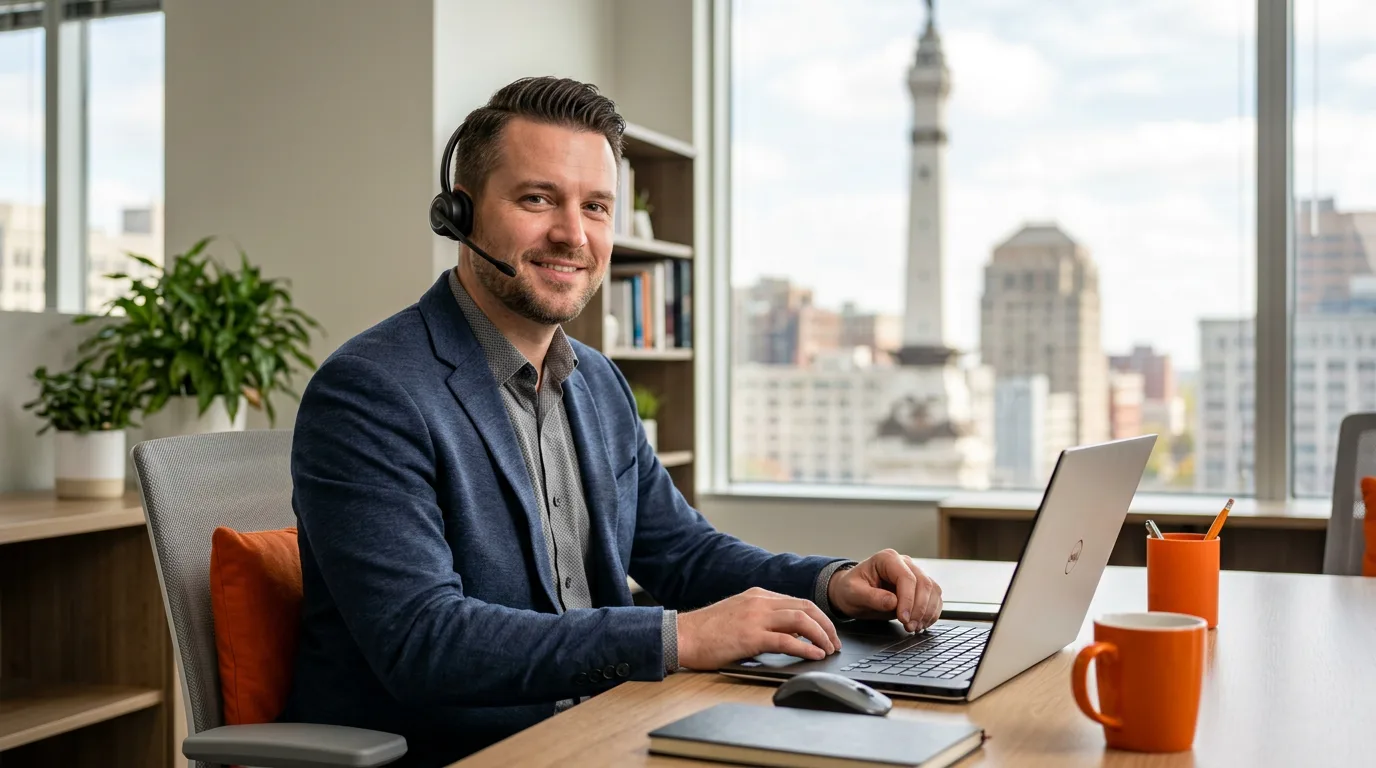KORE1 engineering recruiter wearing a headset at an Indianapolis office desk with the downtown skyline and the Soldiers and Sailors Monument behind him