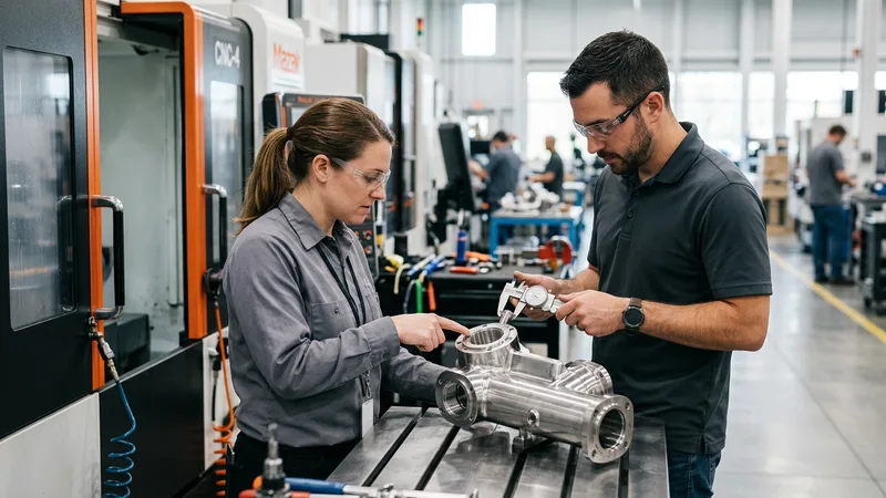 Two manufacturing engineers in safety glasses measuring a precision-machined stainless-steel component with a dial caliper at a CNC machining center near Minneapolis