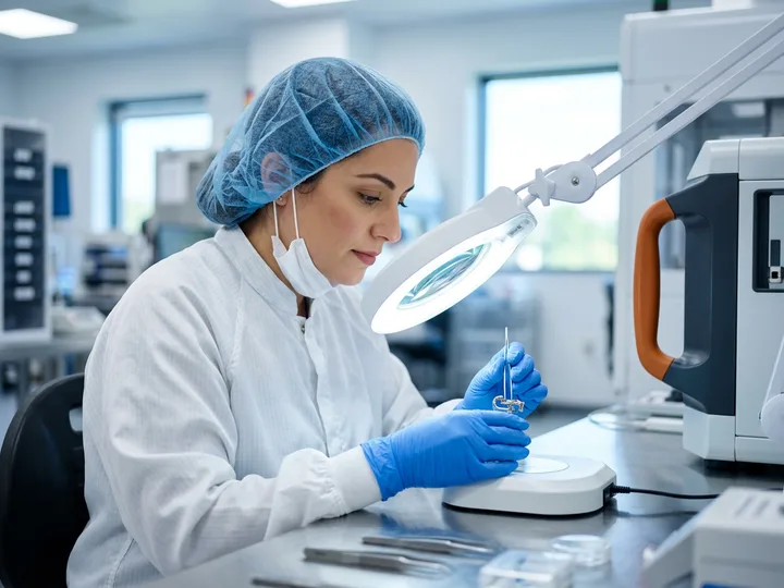 Biomedical engineer in a cleanroom gown and gloves inspecting a small implantable medical device component under a magnifier lamp at a Minneapolis medical-device facility