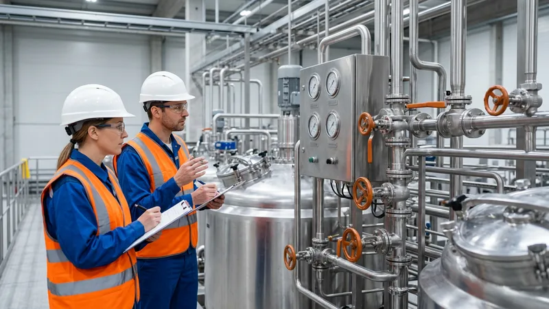 Two process engineers in hard hats and safety vests inspecting polished stainless-steel process tanks and orange valve handles at a Minnesota food and consumer-products processing plant