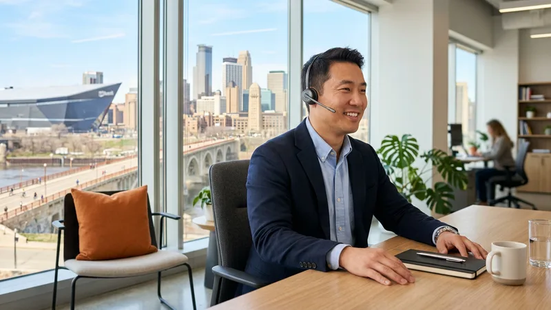 KORE1 engineering recruiter wearing a headset at a Minneapolis office desk with the downtown skyline, US Bank Stadium, and the Stone Arch Bridge over the Mississippi River behind him