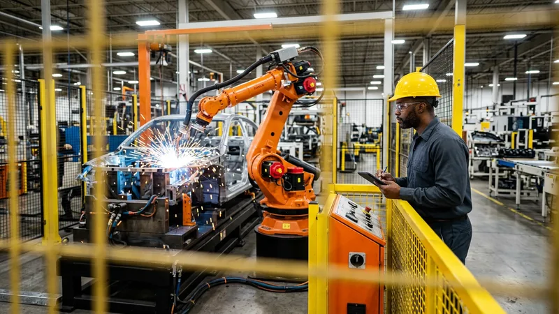 A controls engineer in a hard hat studying a robotic welding cell on a Nashville-area automotive line, sparks arcing off the fixture as an orange industrial robot moves through its cycle