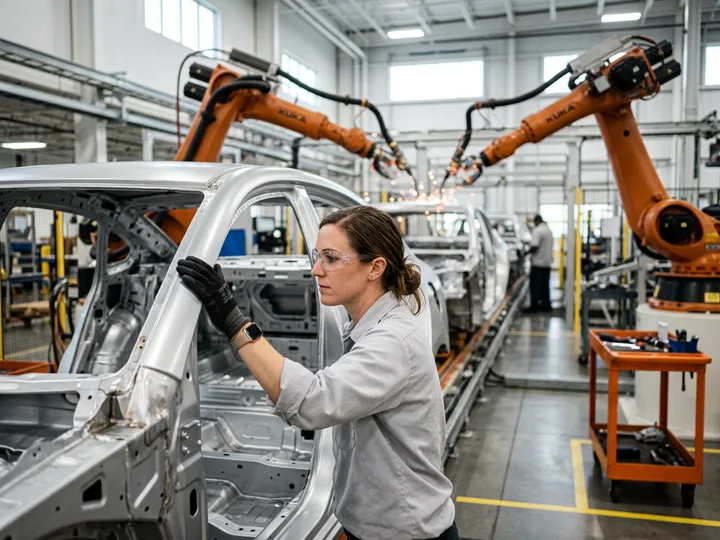 A manufacturing engineer in safety glasses inspecting a freshly welded car body on a brightly lit Middle Tennessee automotive assembly line, orange robotic arms poised behind the body-in-white