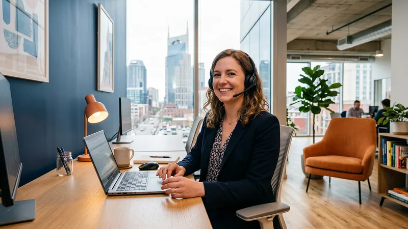 A KORE1 engineering recruiter talking with a candidate by phone in a bright Nashville office, the downtown skyline and the AT&T tower visible through the window behind her